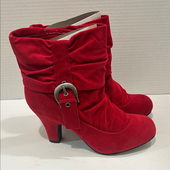 Qupid Shoes - NWT. Qupid Red Heeled Suede Boots with Buckle Detail